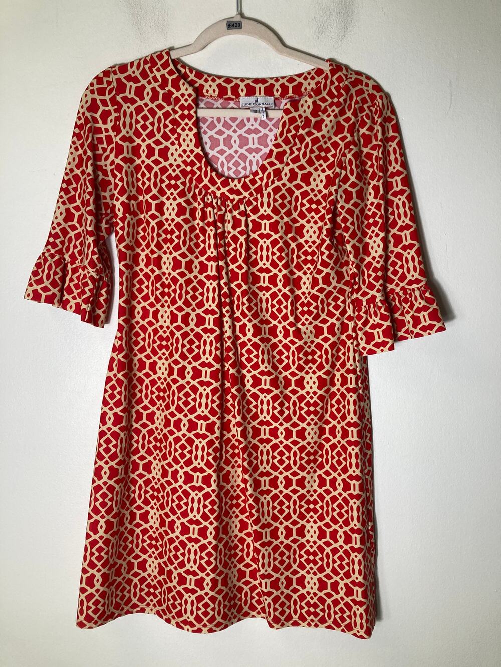 Jude Connally Red White Geometric Print Half Sleeve Dress Sz S